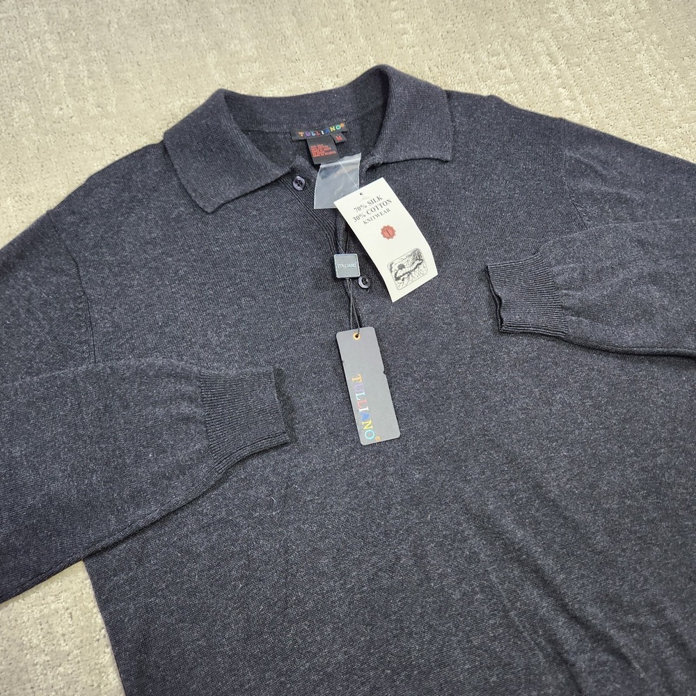 Tulliano‎ Sweater Polo Men Medium Silk Cotton Blend Gray Knit Minimal Wealth NEW